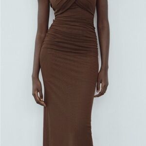 Zara Brown Ruched Sweetheart Bodycon Dress